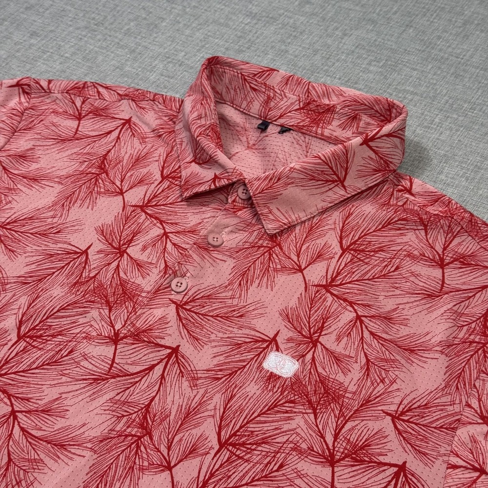 Adidas Branch Print Golf Polo Shirt Mens XL Pink 100% Polyester Mesh Performance